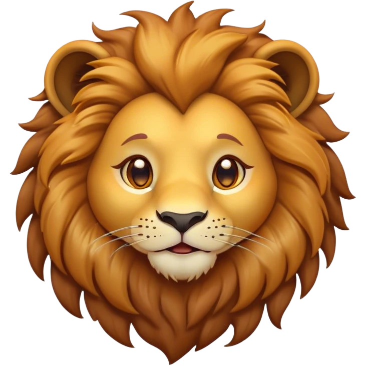 Cinematic Cute Lion Portrait Emoji, Head tilted playfully and inquisitively, featuring a glossy tawny Fur with a lush mane and round, sparkling amber eyes filled with curious mischief, Simplified yet irresistibly adorable features, highly detailed, glowing with a warm, friendly glow, high shine, affectionate and spirited, stylized with a touch of jungle whimsy, bright and endearing, soft glowing outline, capturing the essence of a mischievous yet loving lion, so playful it feels like it could pounce out of the screen and into your arms! emoji