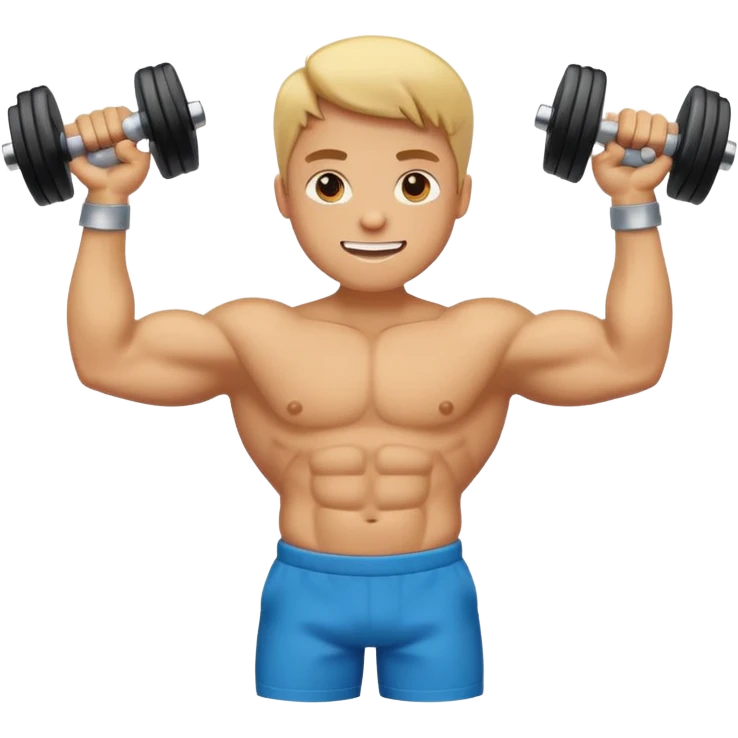 An energetic, emoji-style character flexing his bicep while holding a dumbbell, surrounded by a fun, celebratory vibe like 💃🎉🎊. Bright colors, bold expressions, simple rounded shapes, and a lively, upbeat atmosphere emoji