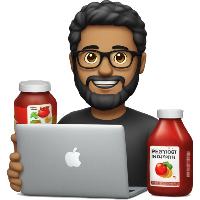 Designer with black hair, beard and glasses working with MacBook and ketchup bottle emoji