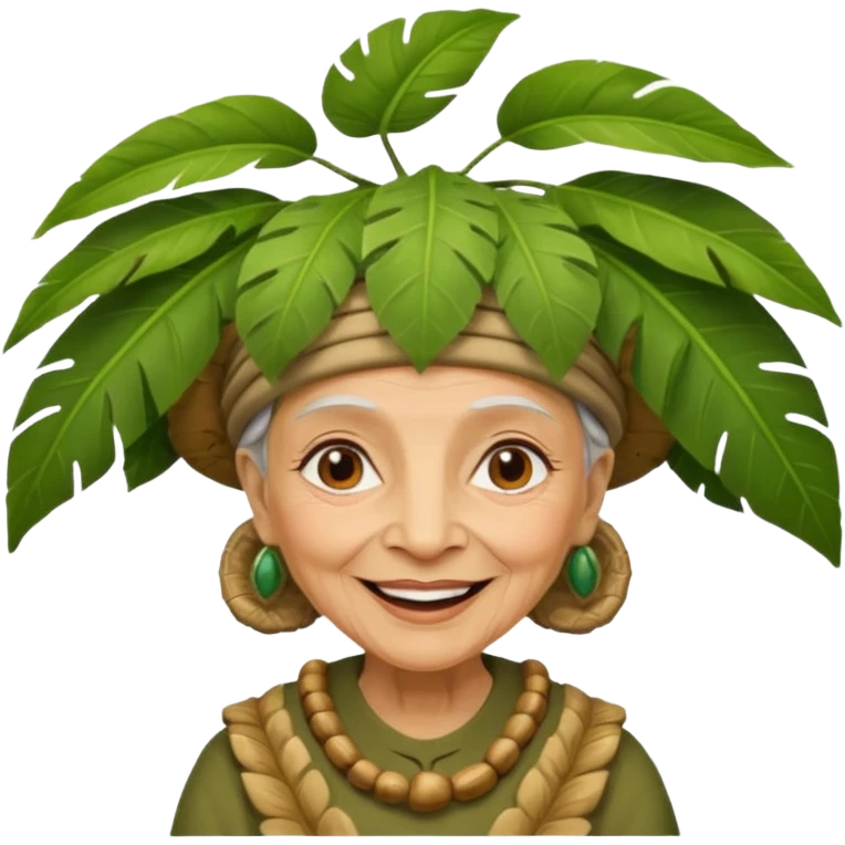 a old woman with jungle wearing a large leaf headgear bye  emoji