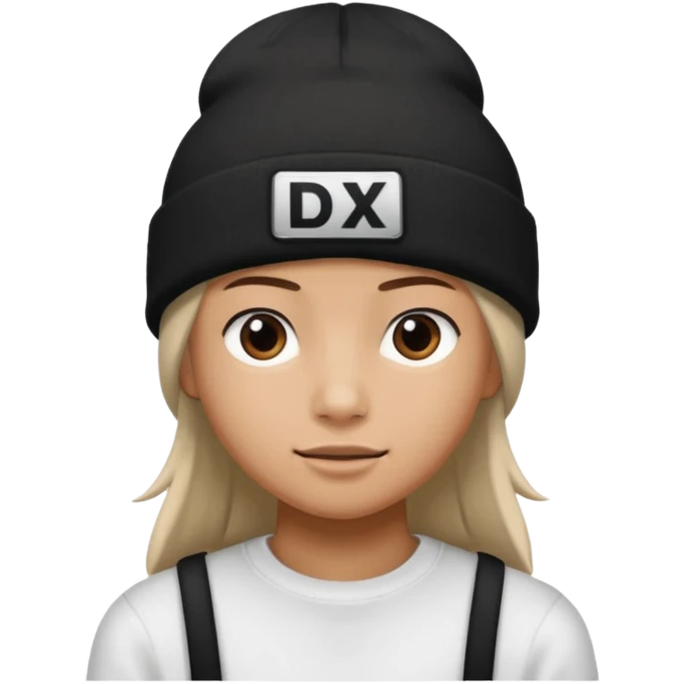 wearing a white beanie with an black square logo with the word "DX" written on it.

 emoji