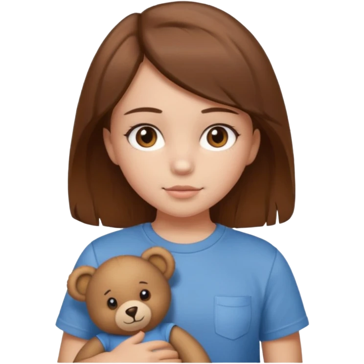 A Girl with Brown hair and Brown eyes with a t-shirt of a Teddy bear emoji