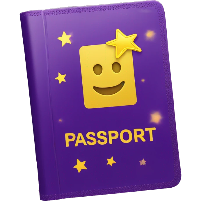 Passport with sparkles logo on the cover, purple and yellow colors emoji