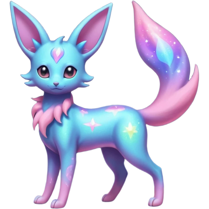 Shiny Iridescent Nebulae Espeon-Umbreon-Sylveon-Fakémon-hybrid-creature (full body)  with a galaxy-dust-flowing-gradient-tail emoji