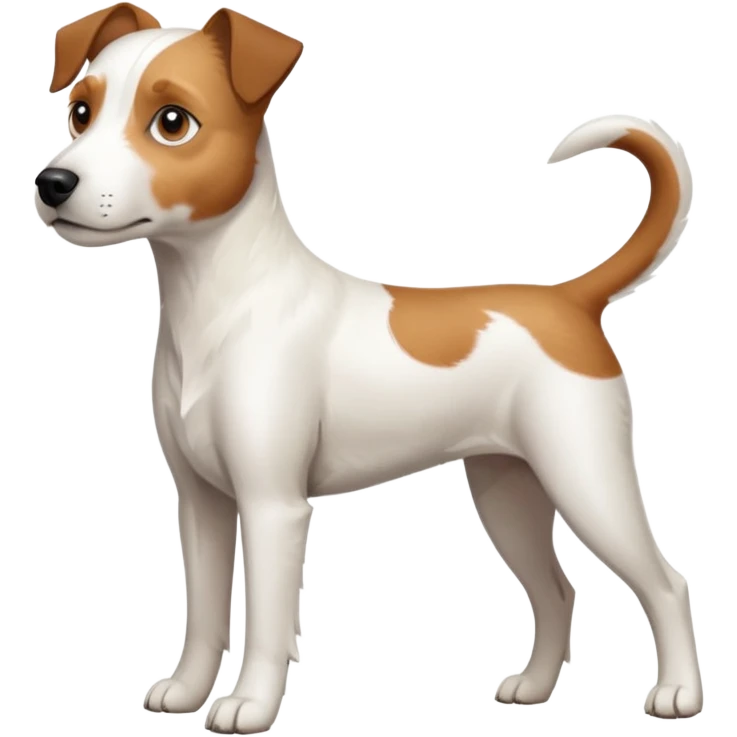 a full body large white parson russell terrier looking dog the size of a kelpie with light brown long ears and a light brown patch on one eye and a large snout emoji