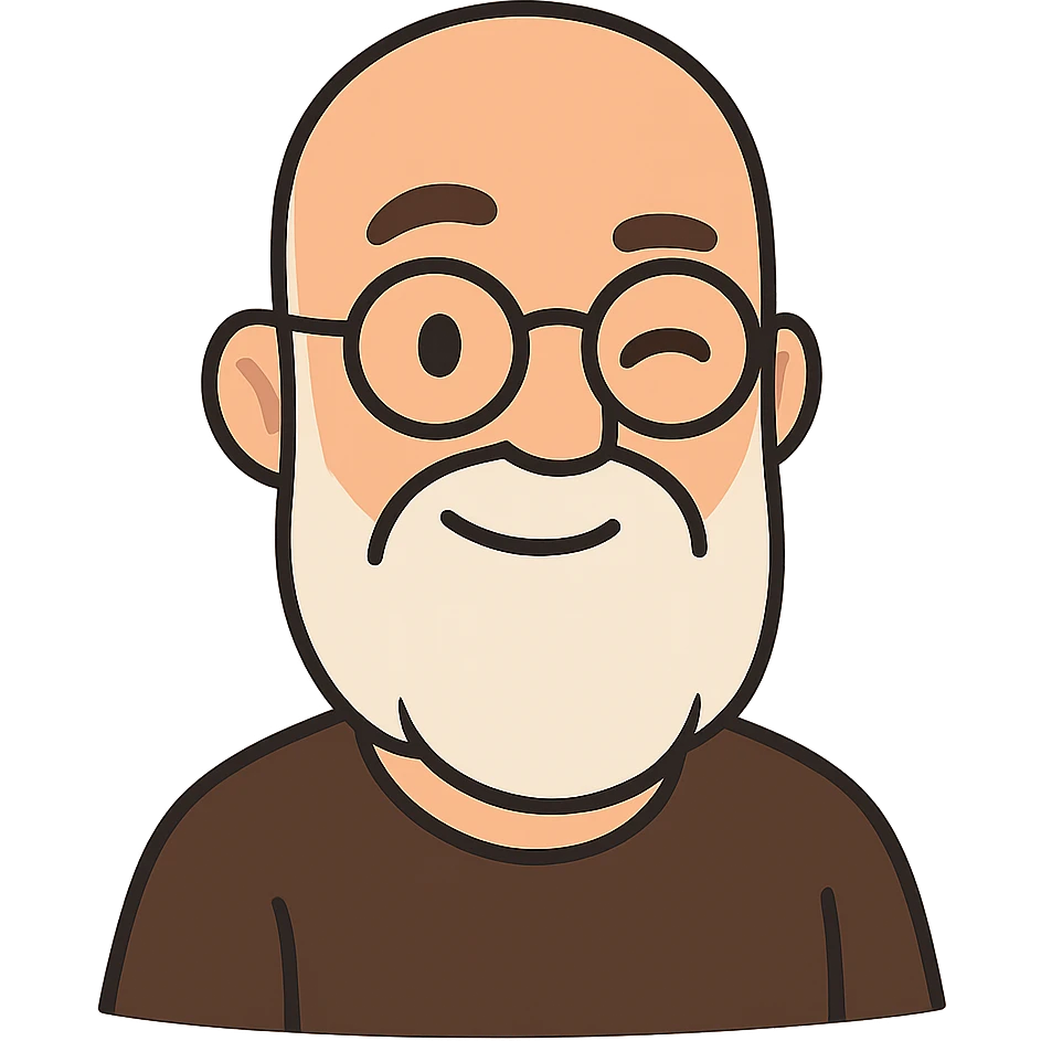 flat toon style of a bald man with glasses, long white beard, winking emoji