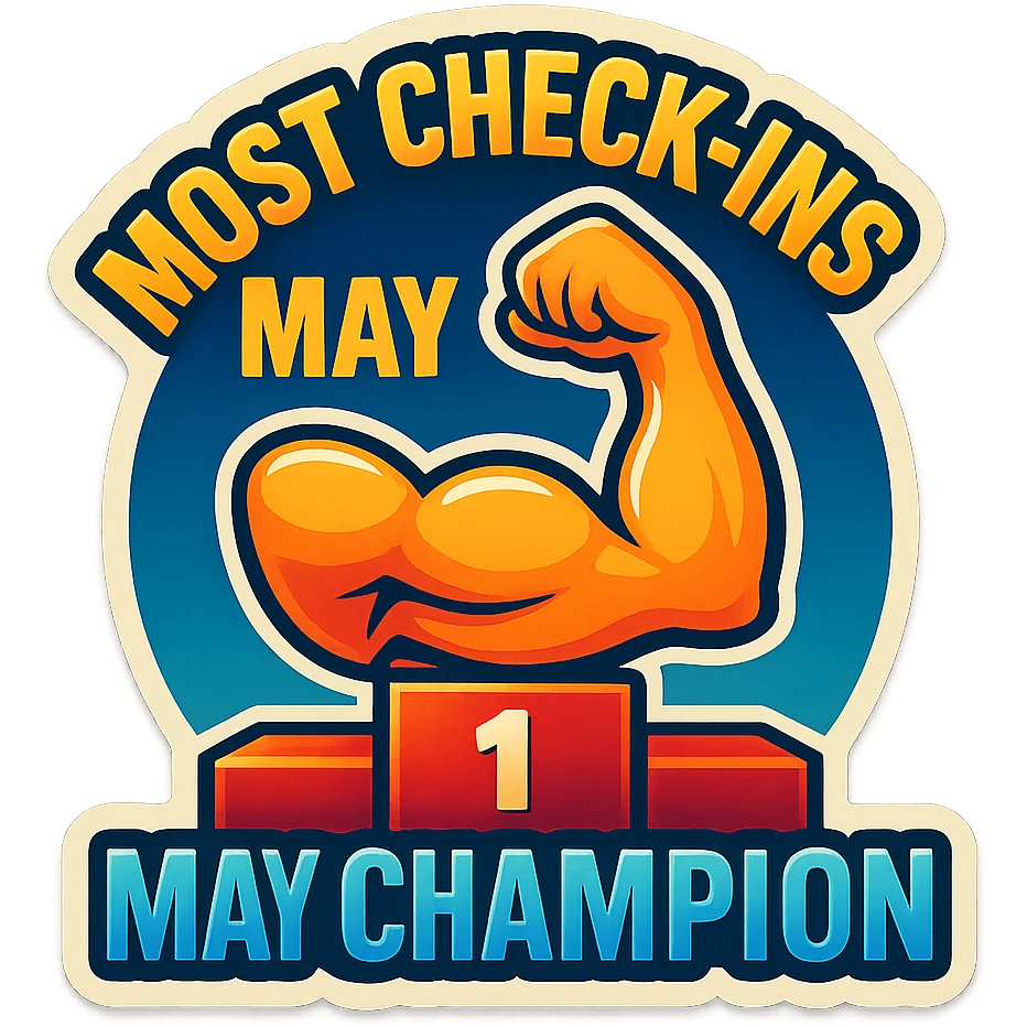 sticker for the top member of a gym's Committed Club for May, with a podium, a flexing arm, and the words 'Most Check-Ins – May Champion' in a sporty, celebratory style emoji