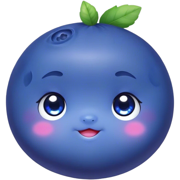 Cute Kawaii Blueberry, small and chubby, deep blue-purple with a tiny leafy crown, bright sparkling eyes, a soft round body, cute blushing cheeks, full of berry sweetness! emoji