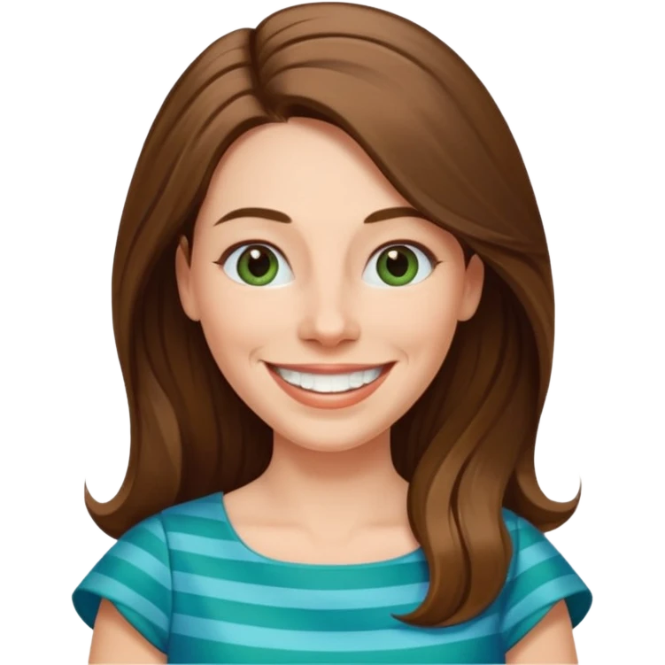 40 yr Caucasian woman, long brown hair parted on side, white stripe in hair, blue green dress ,big smile, white teeth, dimples emoji