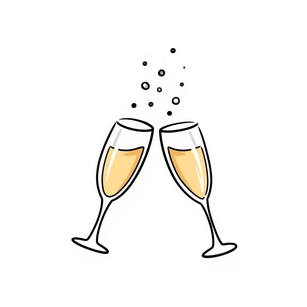 a pair of elegant goblets or wine glasses clinking together with champagne bubbles rising, in pastel colors dd9fb0, ffc6d3, a3bfc9, c4bee2, f1b091, detailed hand-drawn doodle style emoji