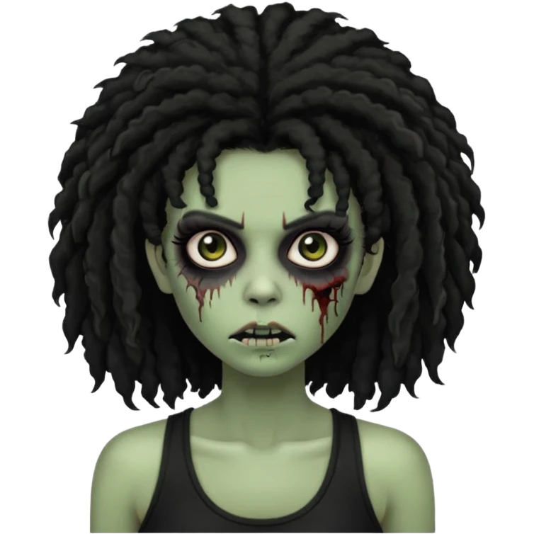 a female zombie with sage green skin, black long afro hair, eyelashes and a black tank top emoji