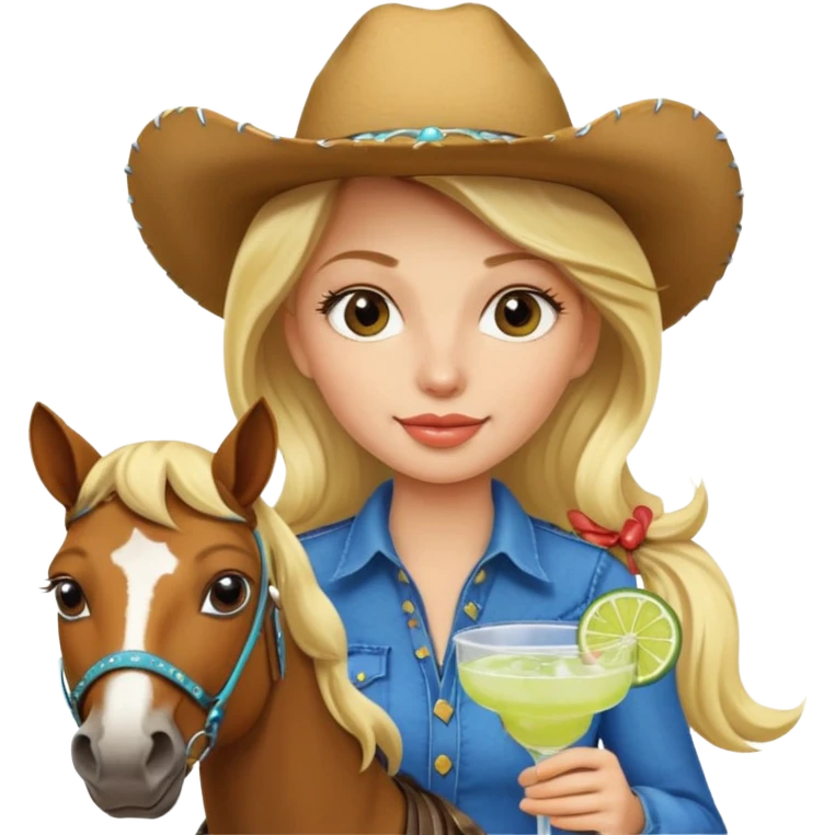 cute blonde cowgirl drinking margarita on a horse emoji