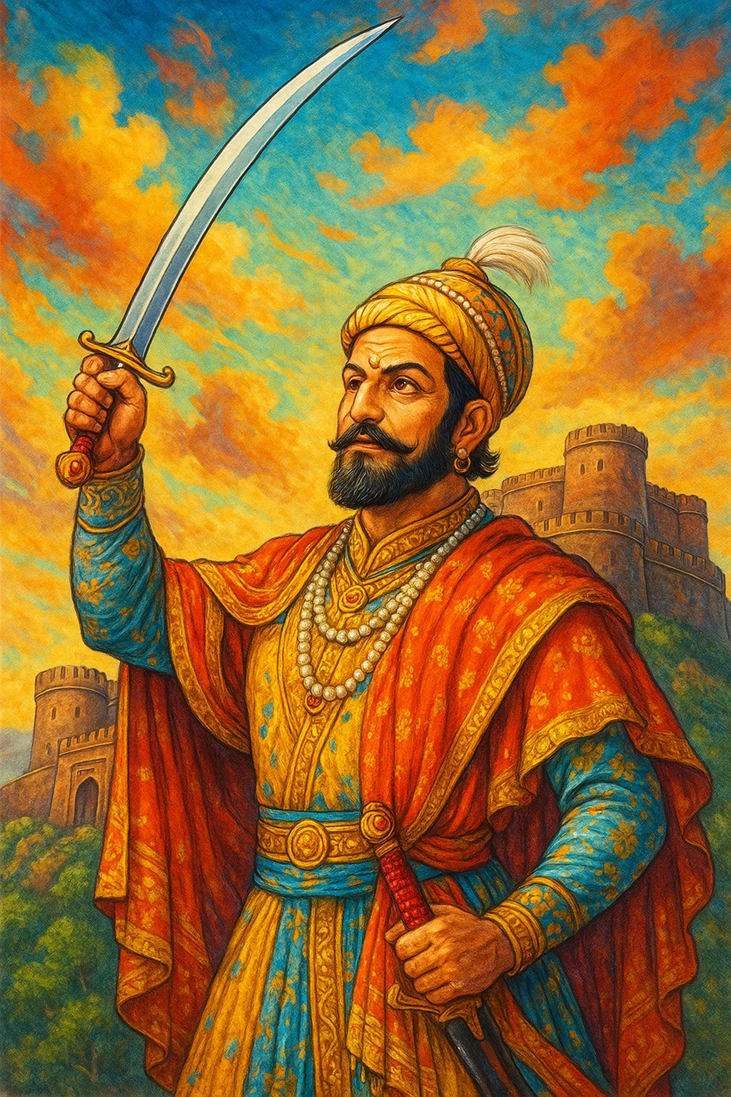 Shivaji Maharaj, vibrant illustration, royal robes, sword raised, fort in background emoji
