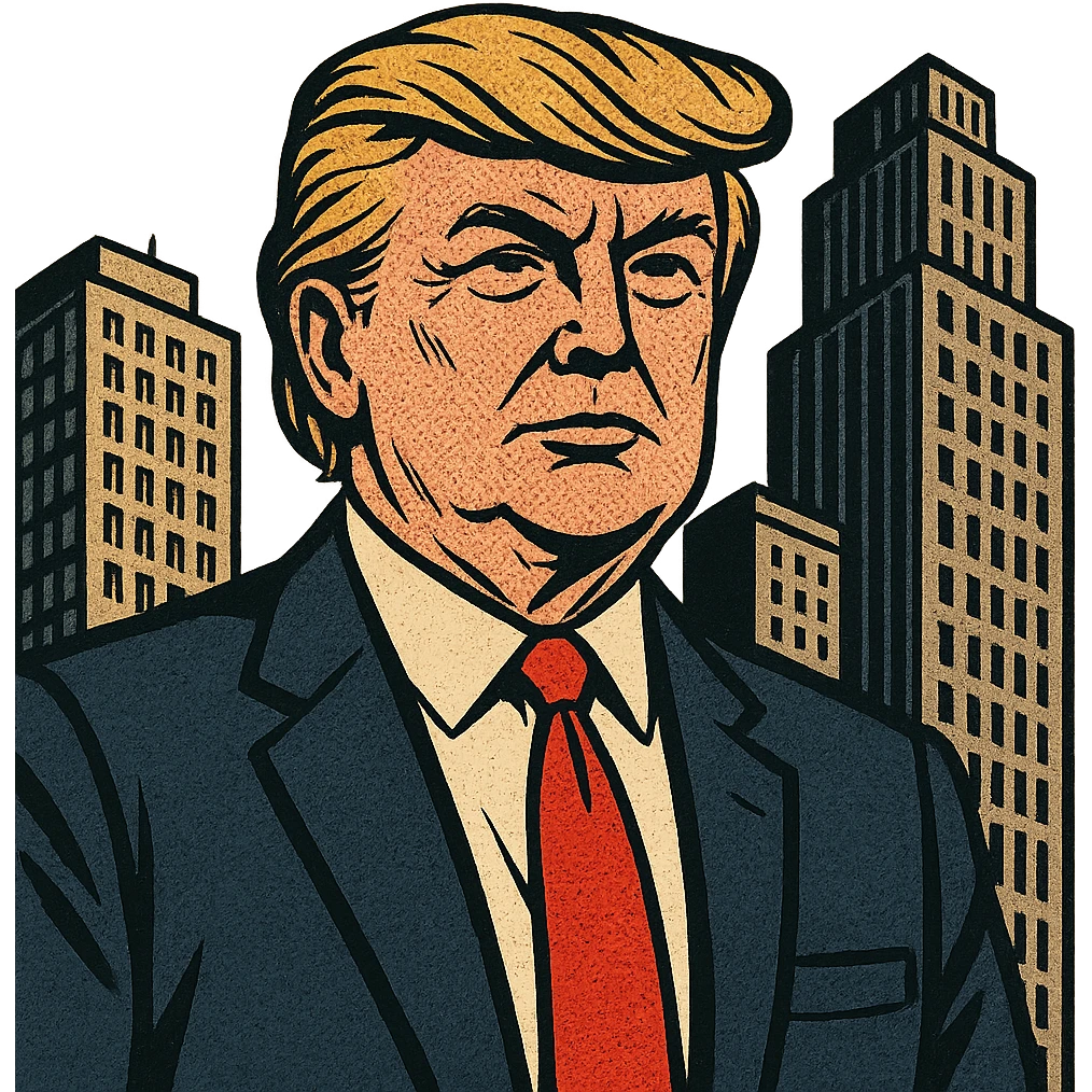 Donald Trump as a real estate mogul caricature style standing in front of tall buildings wearing a suit and red tie emoji