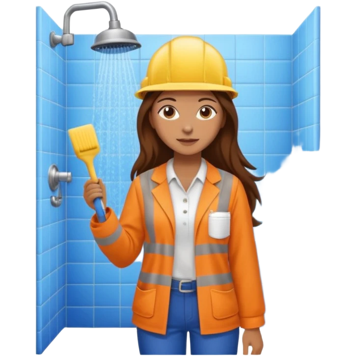 beautiful girl with long brown hair constructing new bathroom area with new shower and amenities  emoji