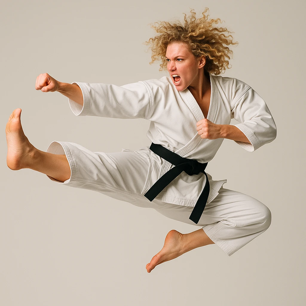 karateka woman with curly blonde hair, airborne kick, athletic stance, plain background emoji