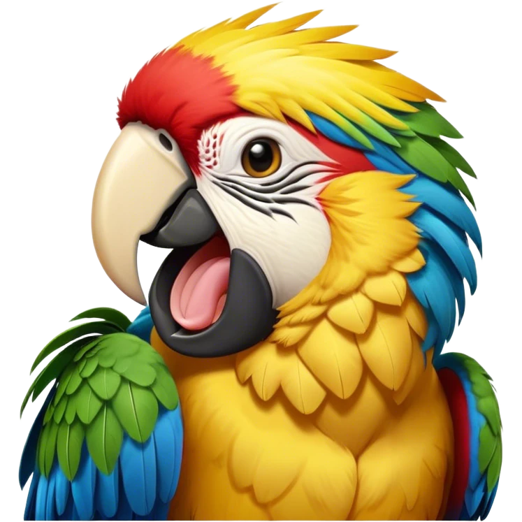 Cinematic Cute Yawning Macaw Portrait Emoji, Head tilted slightly with a dramatic, wide-open yawn, showcasing resplendent feathers and sleepy, half-closed eyes brimming with relaxed elegance, Simplified yet irresistibly adorable features, highly detailed, glowing with a soft, cozy tropical glow, high shine, relaxed yet expressive, stylized with a hint of whimsical charm, soft glowing outline, capturing the essence of a drowsy yet affectionate macaw that appears ready to stretch out for a nap! emoji