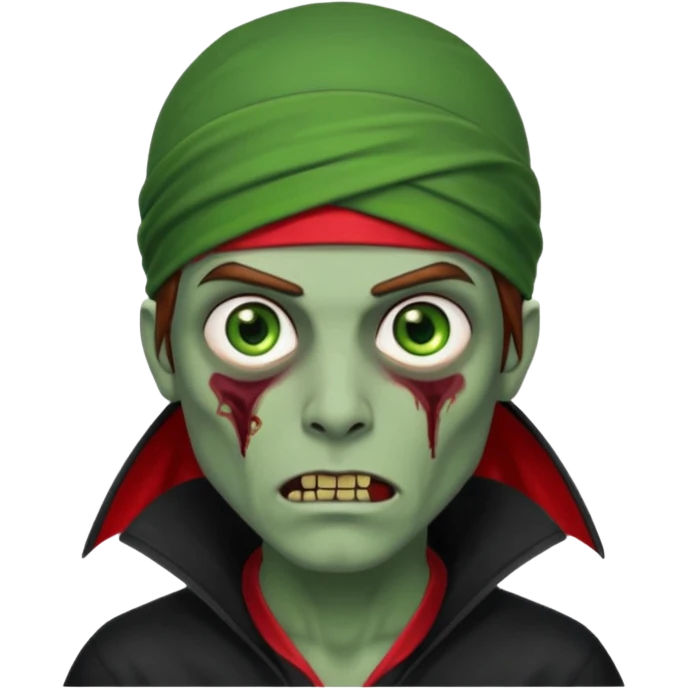 Red durag, men zombie with brown hair color and green eye color, with dark vampire clothes, green skin emoji