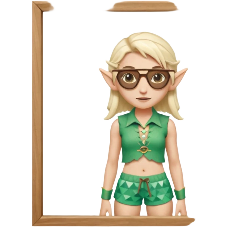elf female legolas portrait, patterned board shorts (geometric/abstract), unique wooden-framed sunglasses, undercut hairstyle, slight smirk, visible pointy ears, no background, centered emoji, hipster summer vibe emoji
