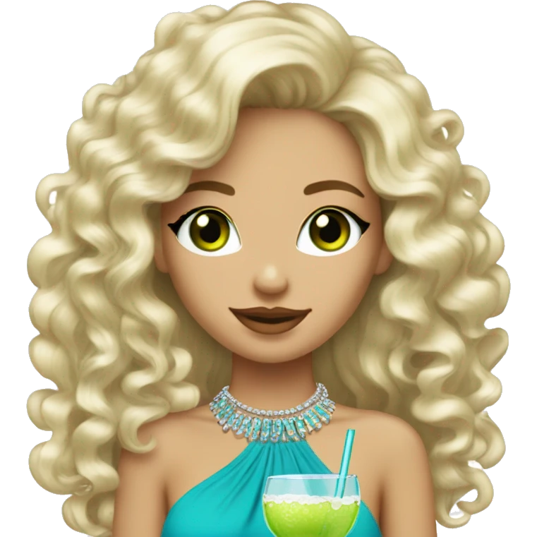 A skinny blonde with blue eyes and curly hair having margaritas with a thicker brunette with bling highlights and green eyes emoji