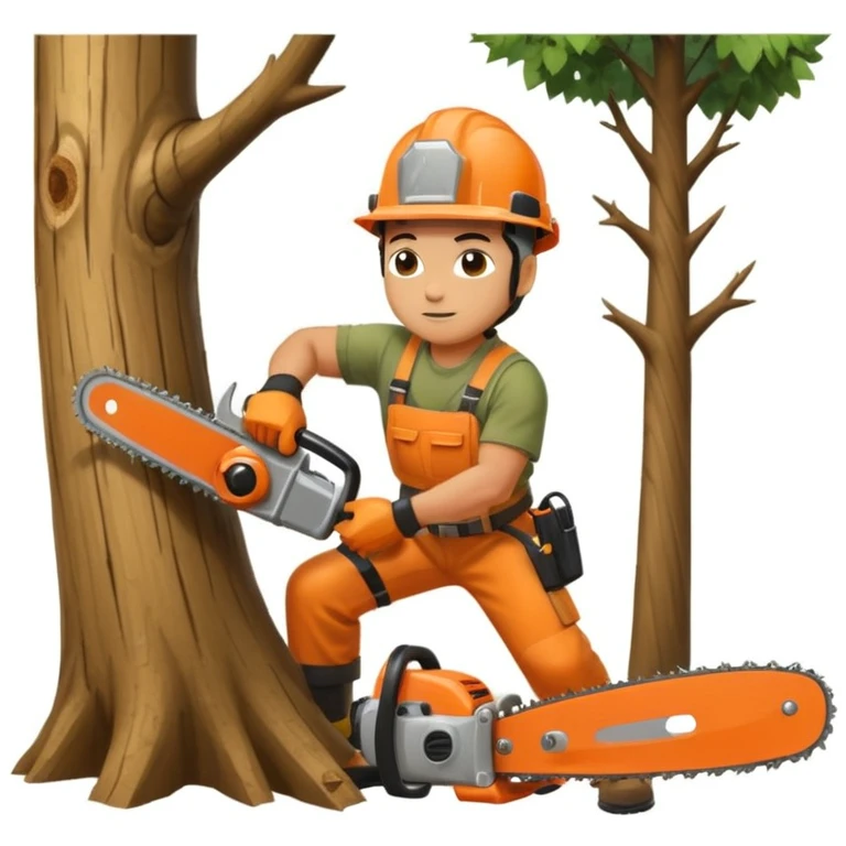 professional arborist cutting down a large tree with chainsaw, wearing safety helmet and protective gear. Scene includes detailed tree trunk, falling wood pieces, forest background, dynamic movement, and emphasis on expertise and safety in tree removal emoji