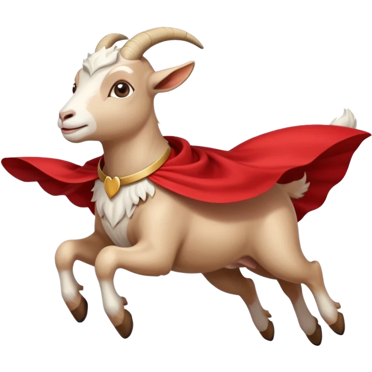 side view of white female goat wearing a read cape like superman emoji