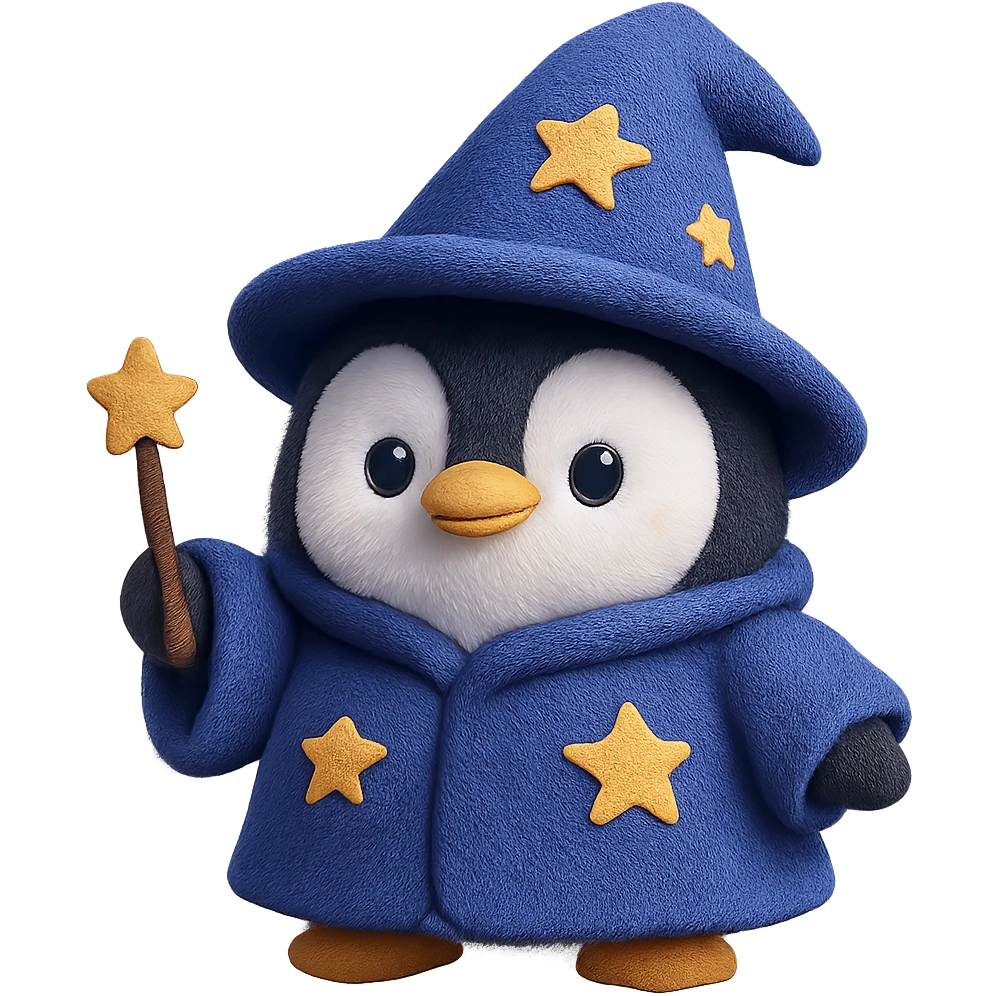 A magical penguin wizard wearing a starry blue wizard robe and a pointed hat. The plush penguin has a tiny wand and an adorable expression. emoji