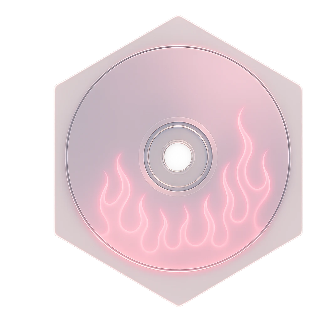 A minimalist CD disc with subtle pink flames, glowing effect, variation 2, shape: hexagon emoji