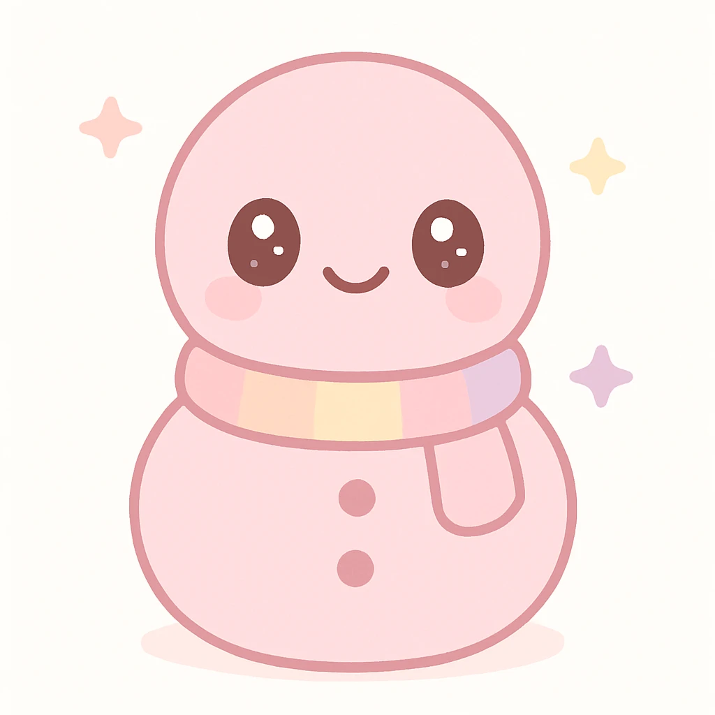 smiling pink snowman with a scarf, kawaii style emoji