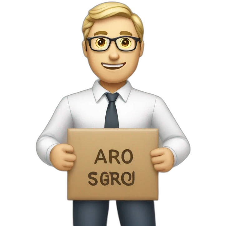 manager agro with a sign in his hands with the inscription agro emoji