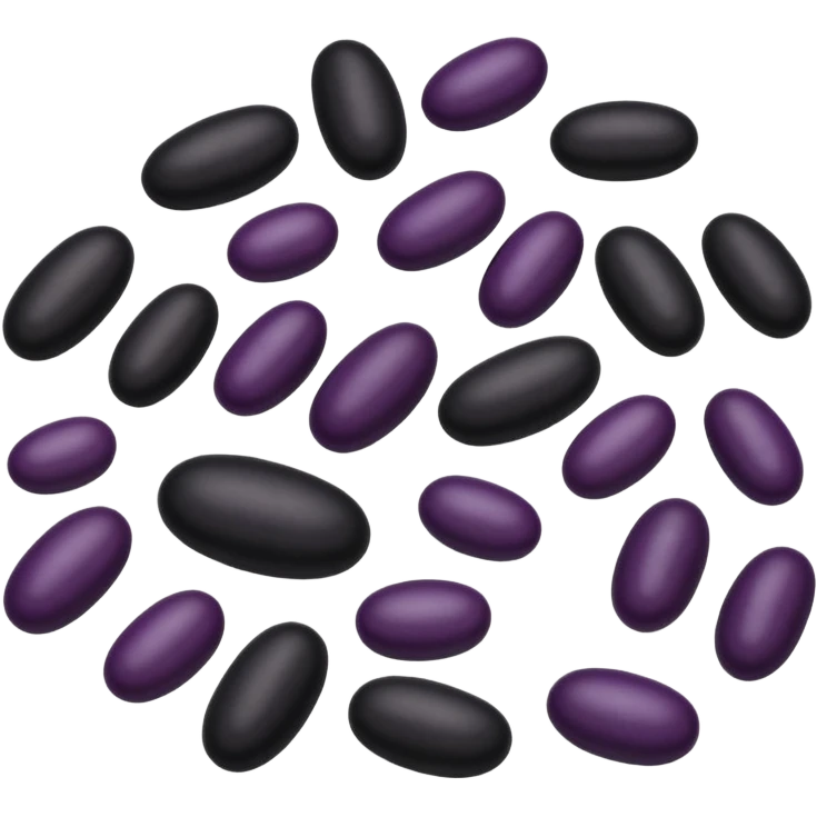 black beans, scatter or mound, shiny oval, smooth, deep black to dark purple, slightly curved, natural sheen, subtle texture, no plate, dish, packaging, or faces, clean 3D, soft shadows, transparent background, emoji scale emoji