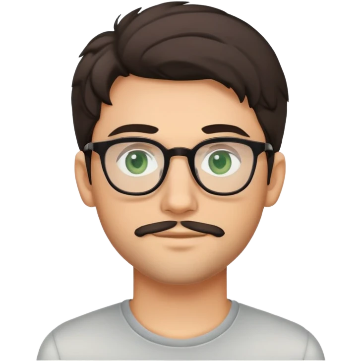 young man with dark poofier slightly curled hair wearing glasses with green eyes and very light stubble, minimal facial hair, with a slight smile emoji