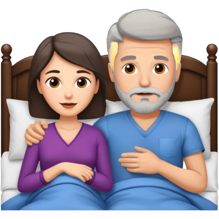Grey haired man with beard, and brunette woman in bed  emoji