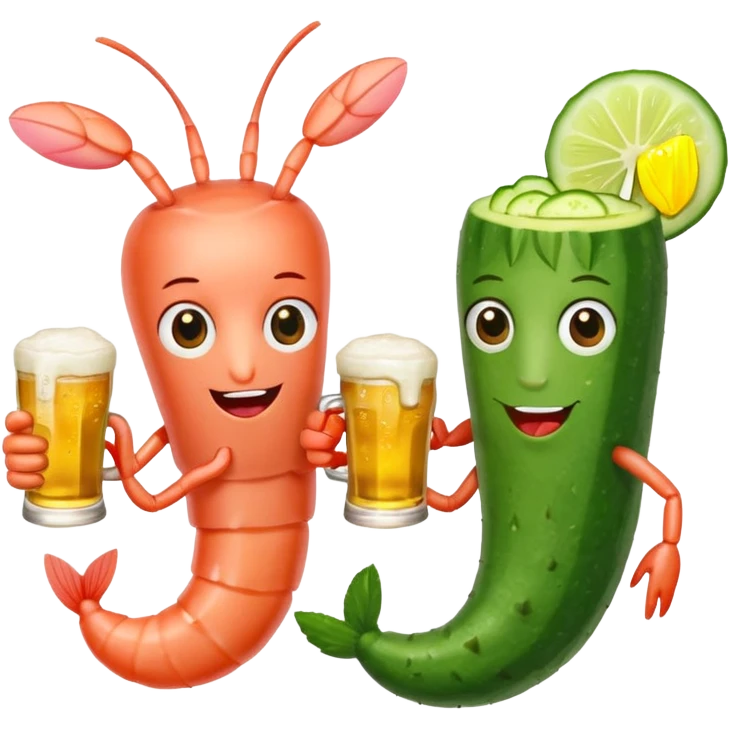 Create a modern emoji-style illustration of two shrimp characters, friendly and cool, slightly cartoon but stylish, not childish.
They are toasting (‘salud’), one shrimp holding a beer mug with aguachile topping, the other holding a fresh aguachile bowl with cucumber and chili.
  emoji