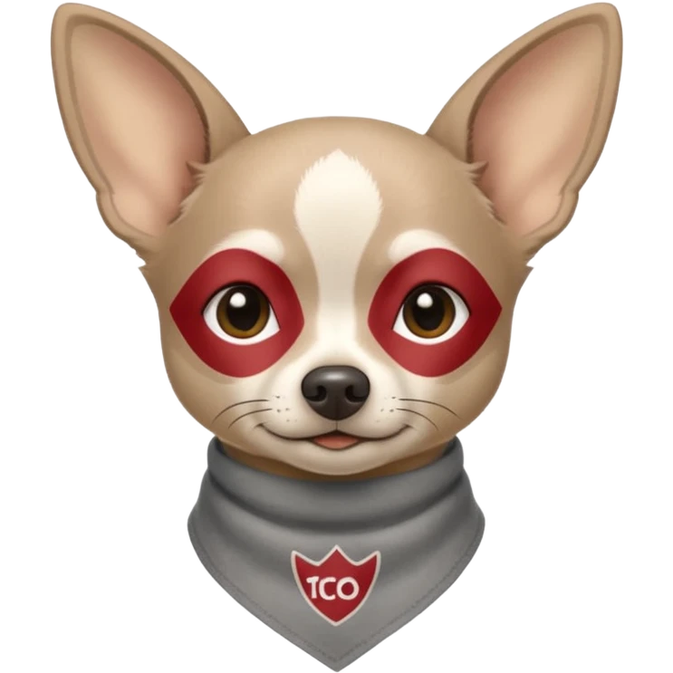 Make a Gray Chihuahua wearing a earthy tone bandana around the neck with the logo TCO on the bandana emoji