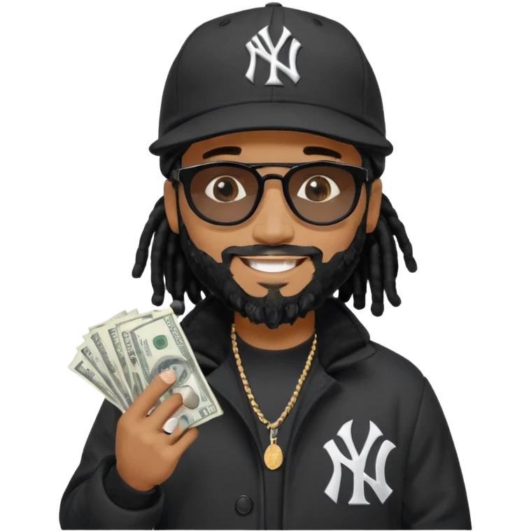 African American man with shoulder length black dreadlocks with black beard wearing black sunglasses wearing a black New York Yankees logo baseball Cap wearing a black bubble winter coat spreading money emoji