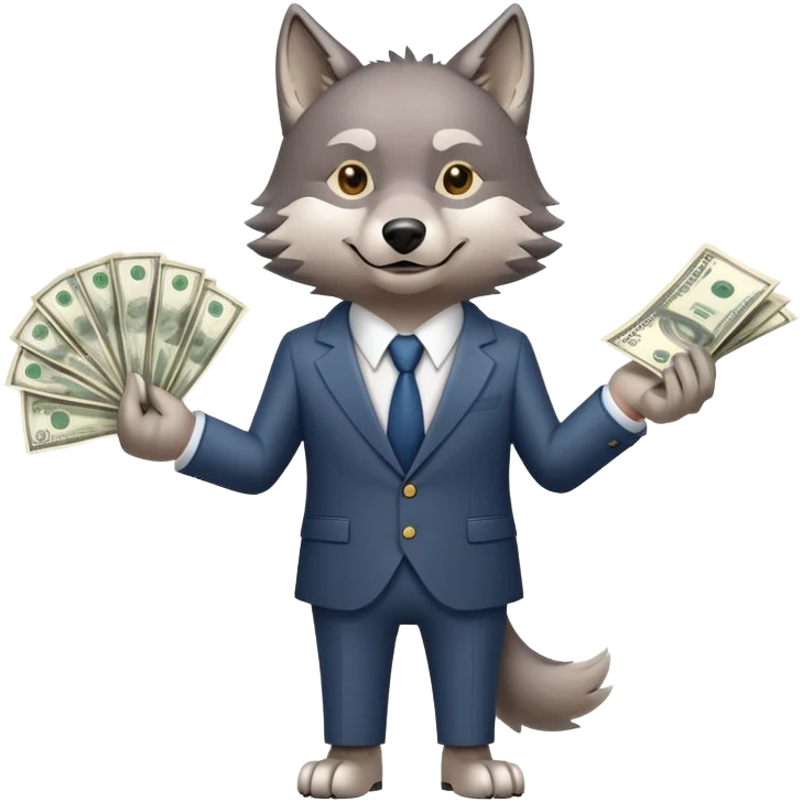 wolf in business suit holding money and stock charts emoji