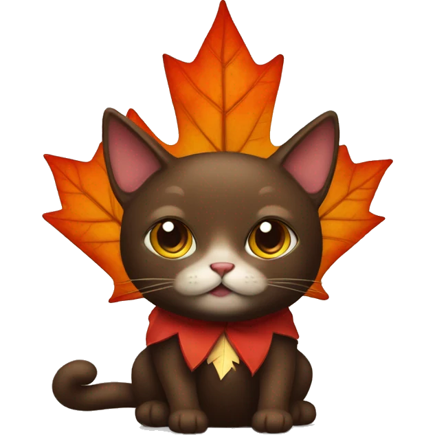 Dark Brown cat dressed as maple leaf emoji