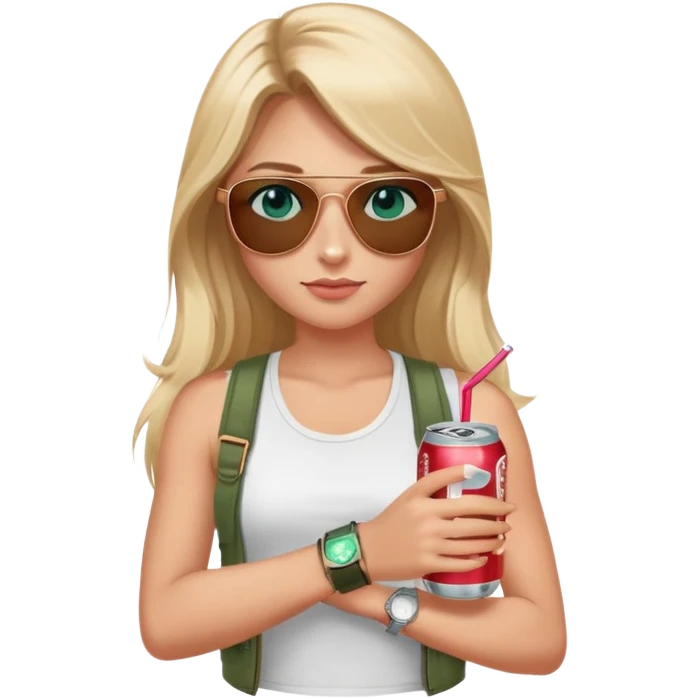 girl with long blond hair
with blue eyes
and aviator sunglasses
wearing white tank top 
holding one soda can
wearing (rose gold apple watch with forest green band) emoji