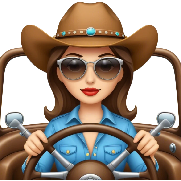 Cowgirl wearing sunglasses behind steering wheel emoji