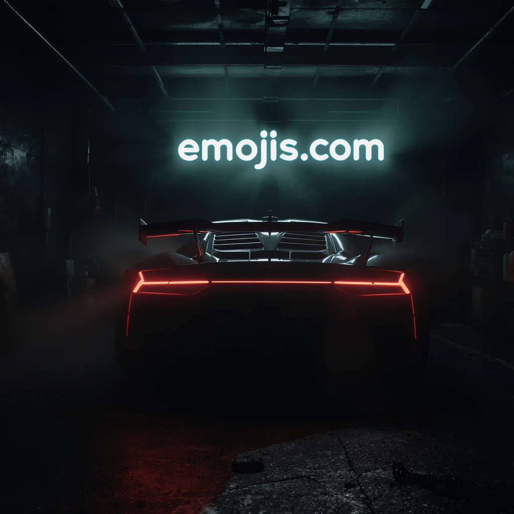 Cinematic still of a futuristic car parked in dark garage with led behind saying "emojis.com", room fill with haze, very detailed and futuristic ,inspired by cyberpunk 2077 emoji