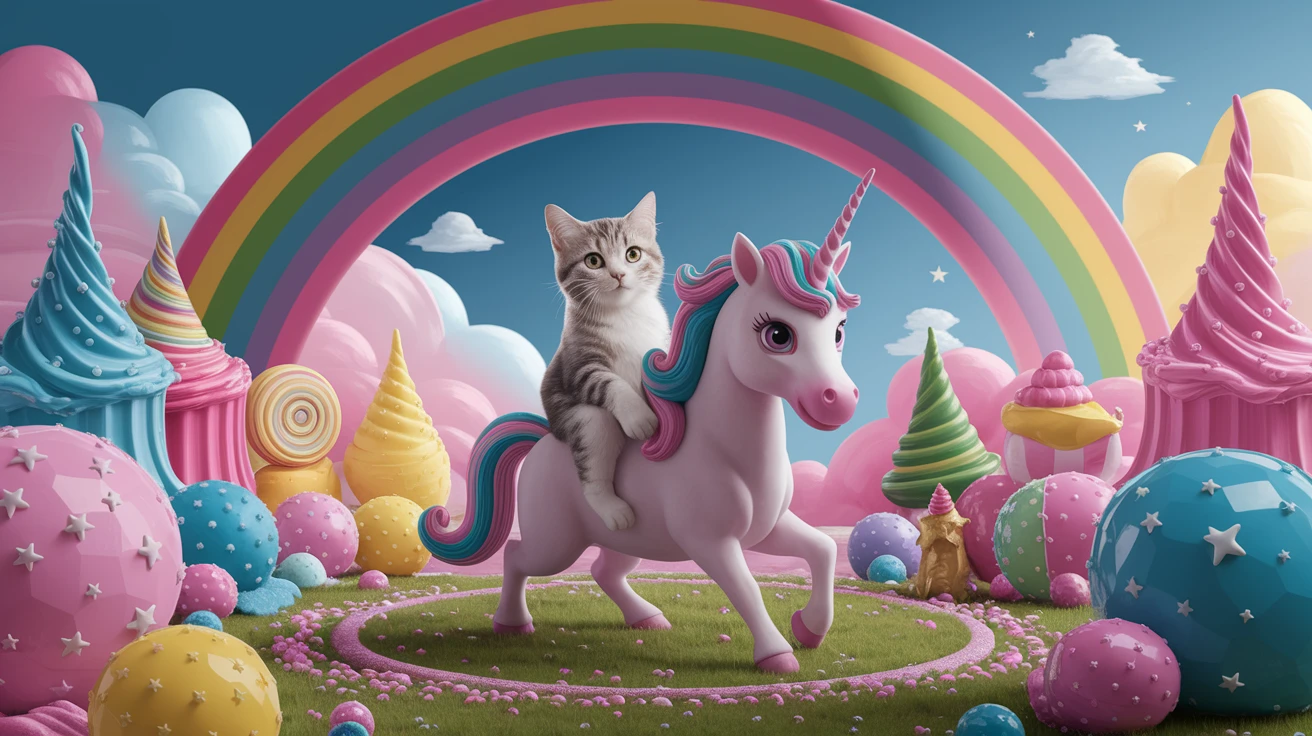 Cinematic still of a cat riding on unicorn around magic pink, and blue candy world, rainbow, dynamic shot emoji