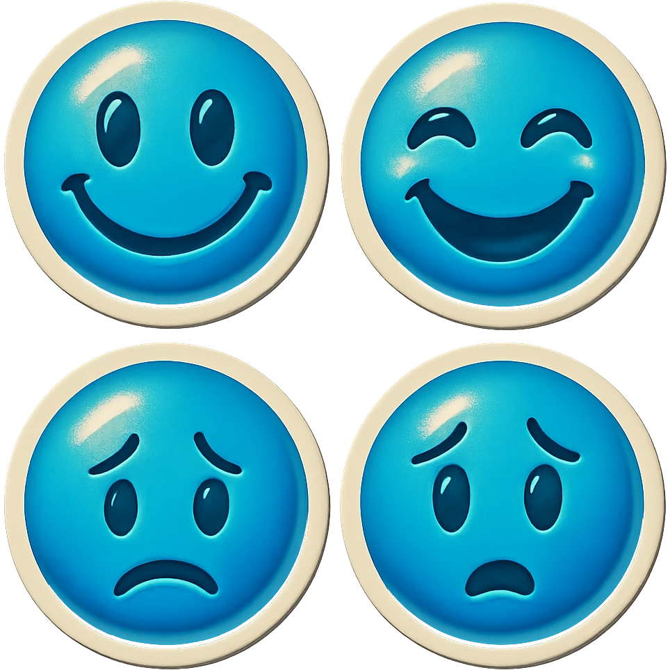 Create four similar variants of this emoji image, maintaining the emoji style and blue color, but with different facial expressions. emoji