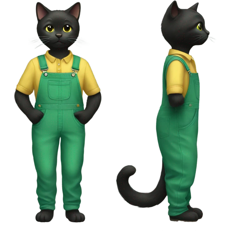 Black cat wearing green overalls with a button missing  emoji