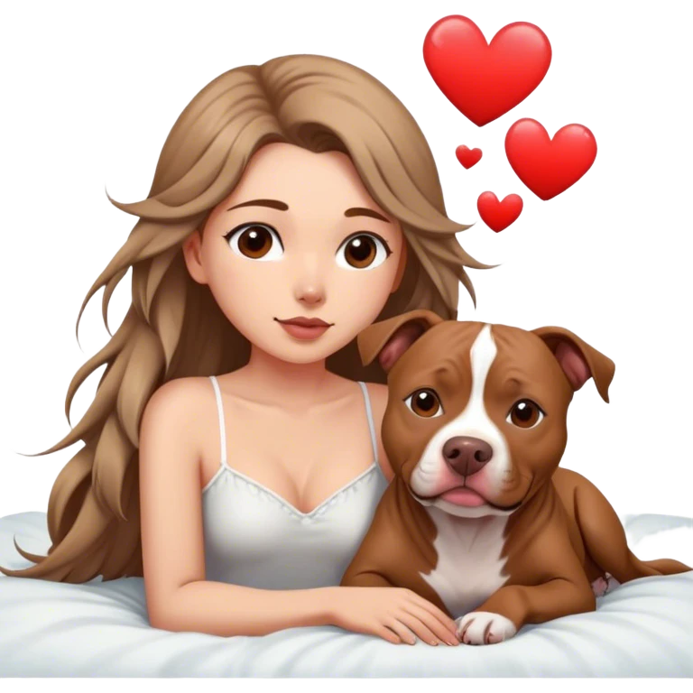 A pretty girl with long feathers hair cascading down her face sits on the bed with her brown pit bull ￼ laying beside of her heart is flying all around emoji