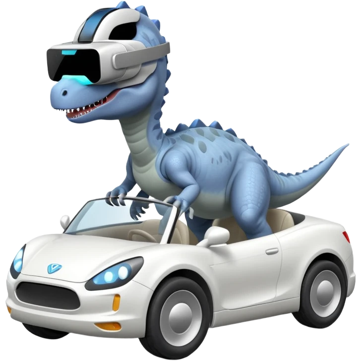 Dinosaurio  gris subido en un carro blanco tecnológico con lentes de realidad virtual emoji