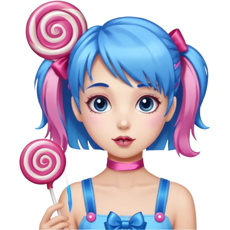 candy girl from candyland blue pink mixed candy hair with ribbon and  emoji