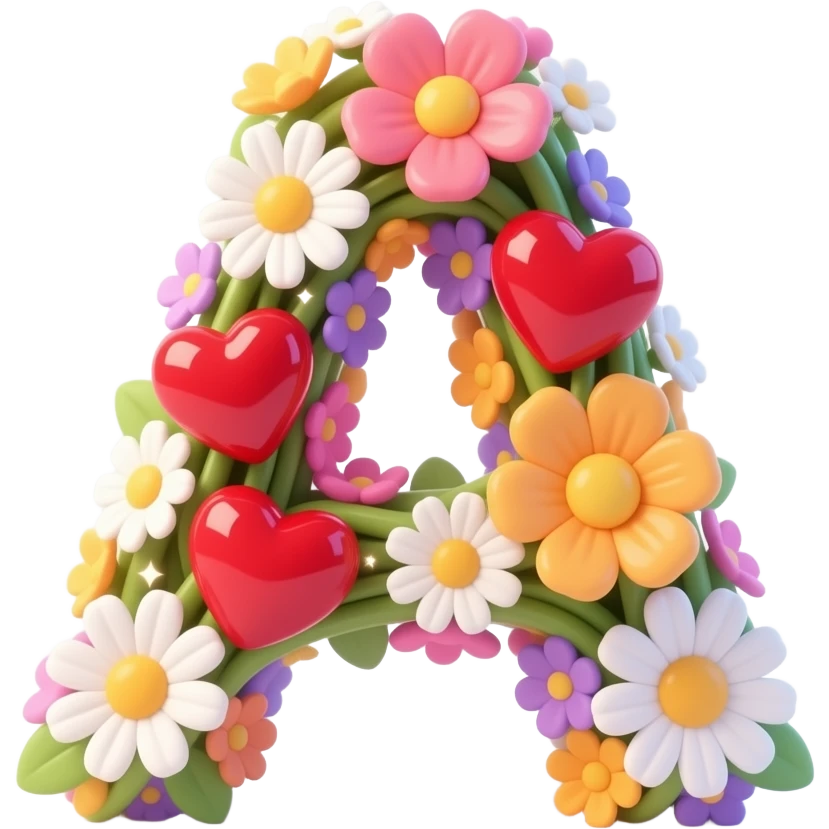 3D letter 'A' made of entwined colorful flowers and delicate white daisies. Softly glowing, ruby-red hearts are tucked between the petals. The entire letter emits a warm, ethereal many heart aura with sparkling light spots. High-gloss finish, centered on a white background emoji
