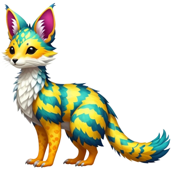 Feral Rare Fantasy vibrant colorful tropical Vernid-Trico-species by LiLaiRa, random markings, tufted tail, tufted ears, full body emoji