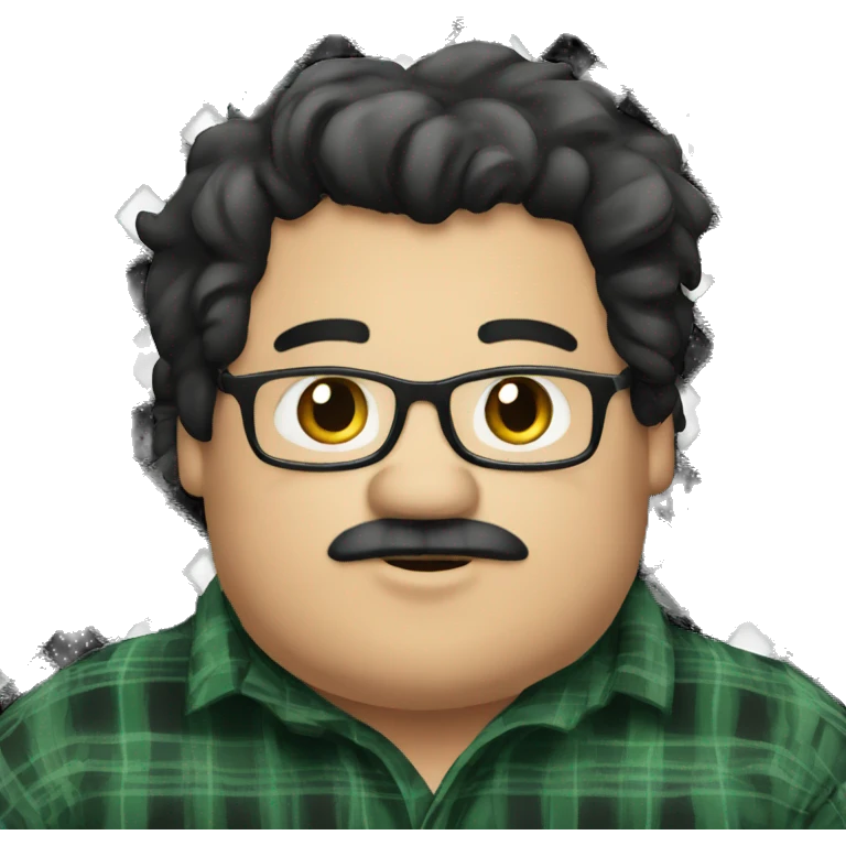 Fat man wearing a darkgreen and black plaid flannel shirt profile picture, happy, black hair emoji